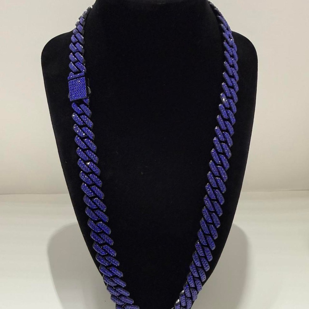 iced out cuban chain blue on blk vvscz stainless steel 24-inches 14mm waterresis
